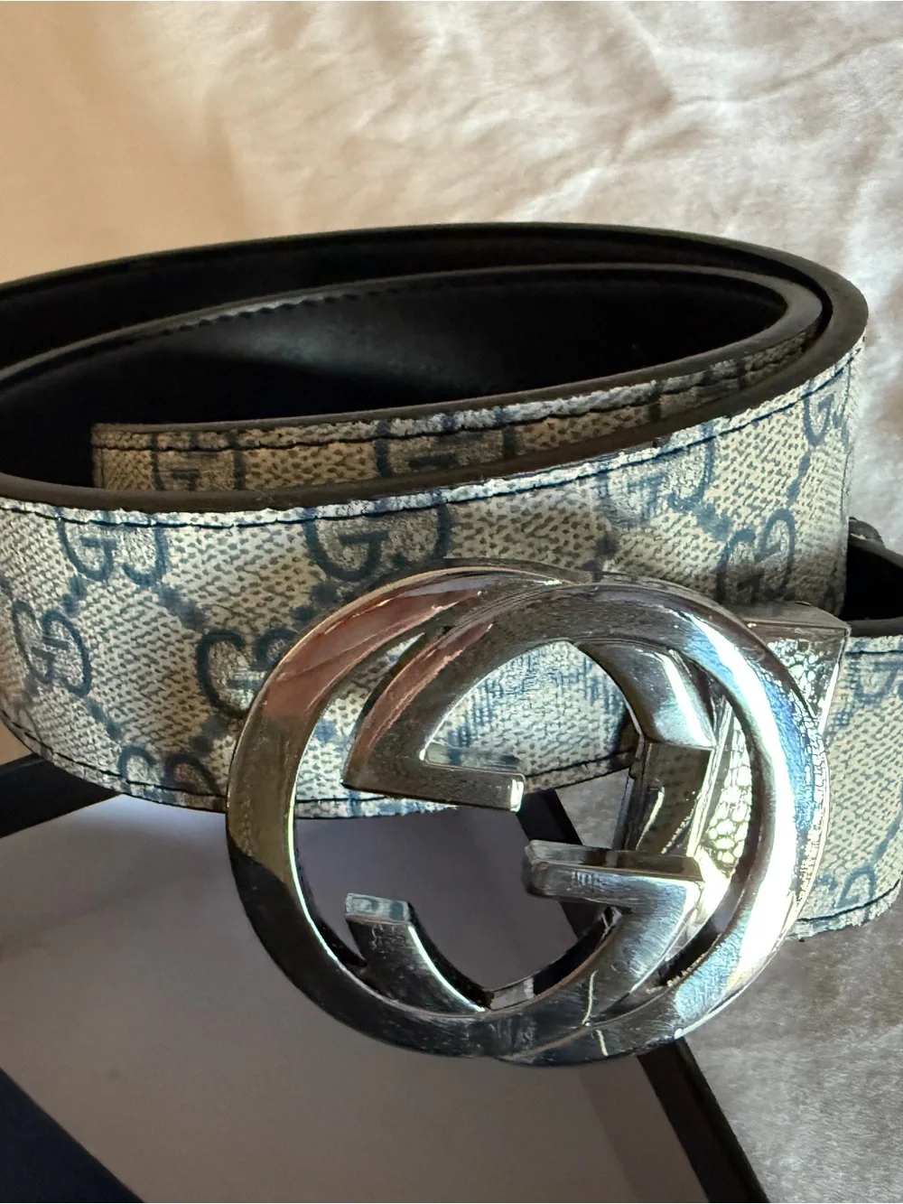 Gucci Men’s Blue GG Supreme Canvas Belt with Silver Interlocking G Buckle 110 cm
